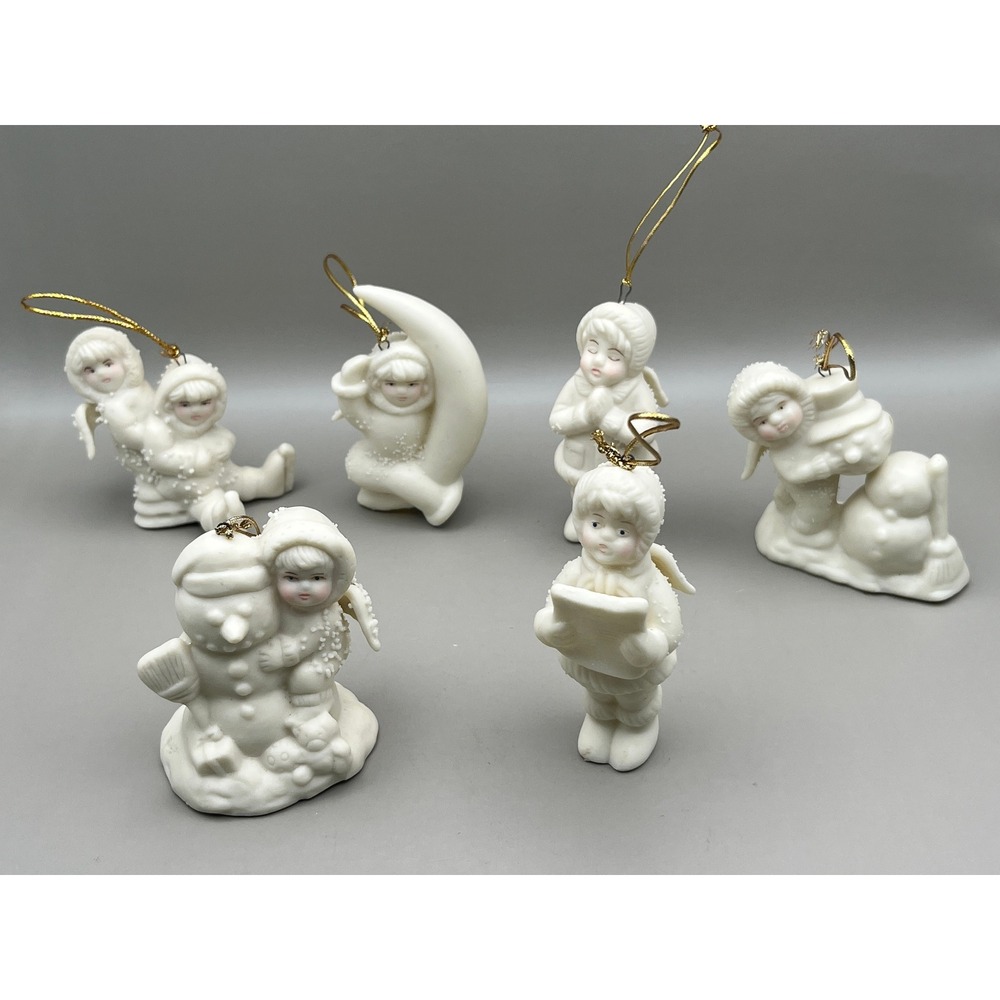 Vtg White Bisque Porcelain Angel Children Winter Christmas Ornaments Set 6 Decor